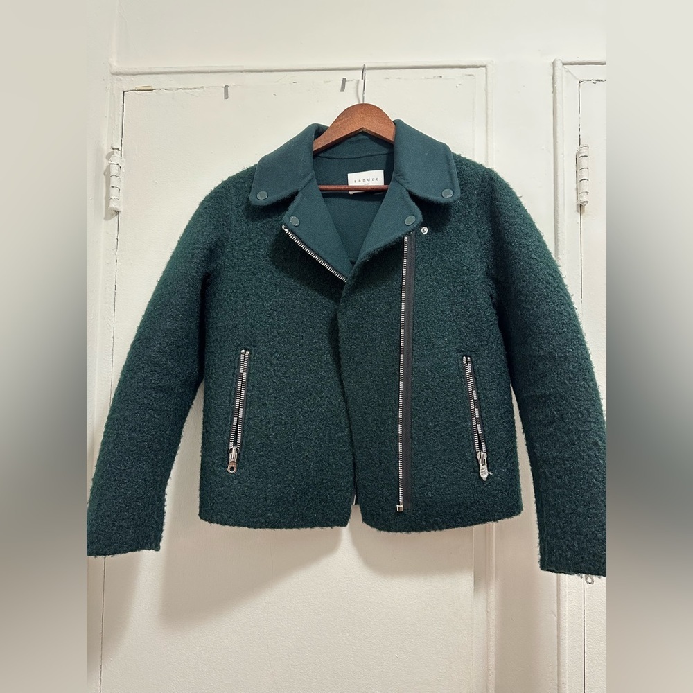 Sandro Paris Wool Moto Green Jacket Coat - Picture 8 of 16